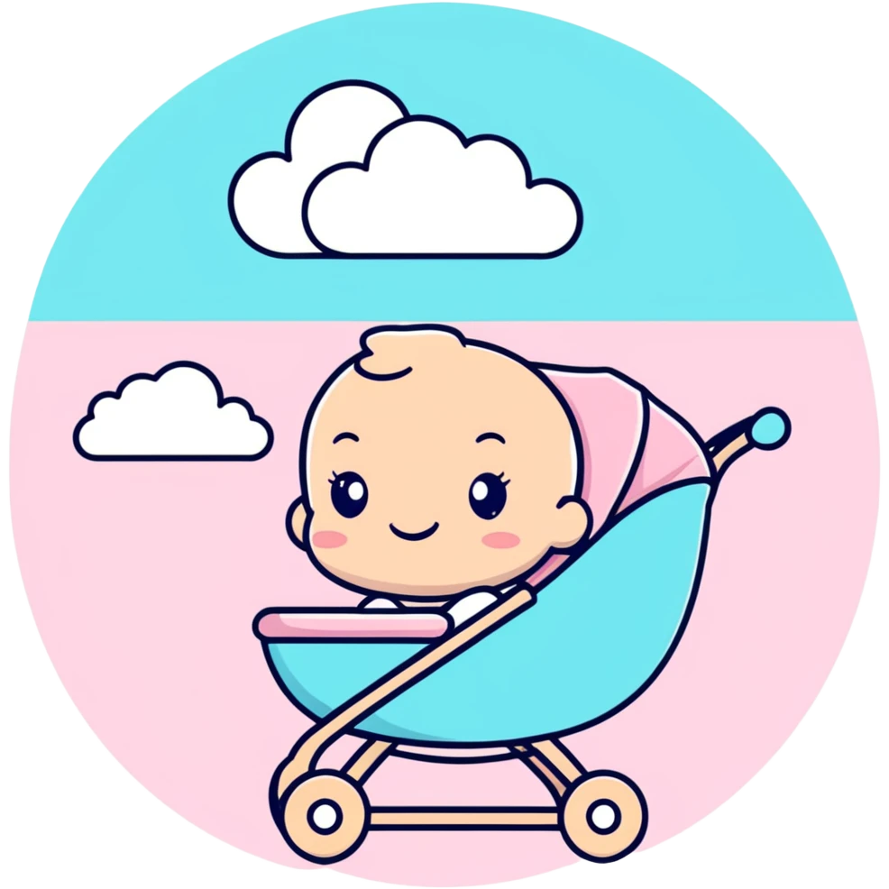 happy baby sitting in pink and beige stroller with pastel blue clouds decoration emoji