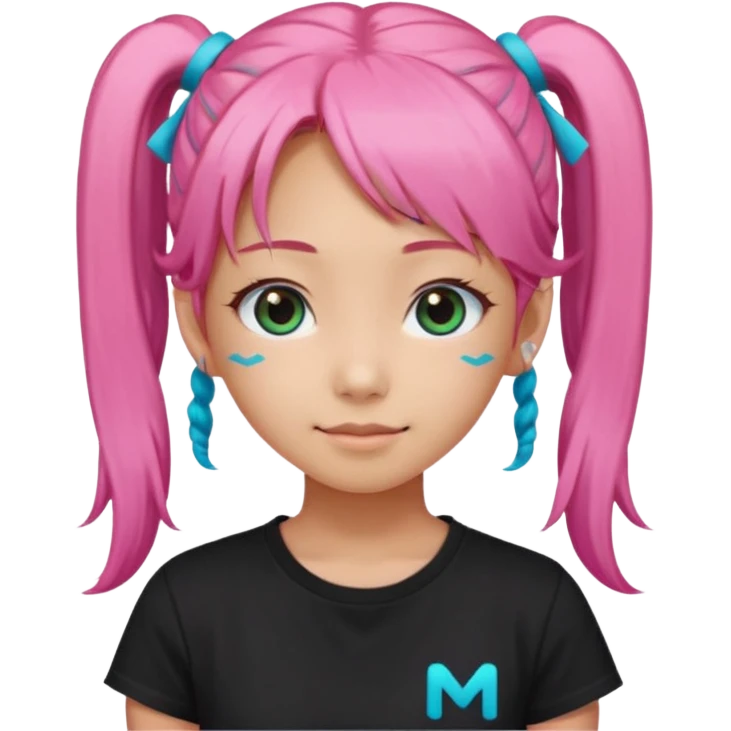 a girl wearing a black t shirt with cyan letters'mira', brave and smart face, narrow eyes, korean girl, small grin,half up half down look with two diagonal pigtails, long pink hair emoji