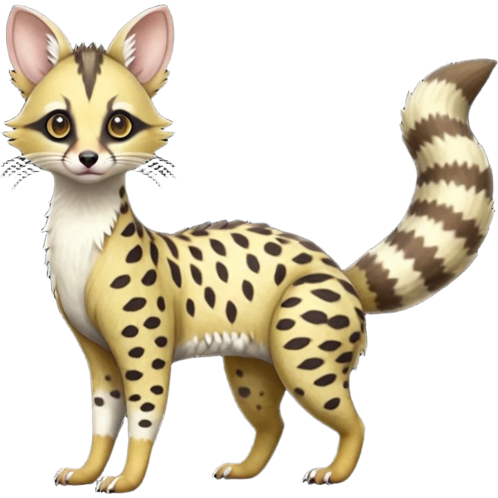  elegant dotted spotted clouded hyper-realistic lifelike furry Civet-Genet-Possum-Serval-Caracal-Sergal-Trico-Numbat-Furret-fusion-Fakemon-hybrid-creature (full body) with long tufted ears and a striped tufted tail  emoji
