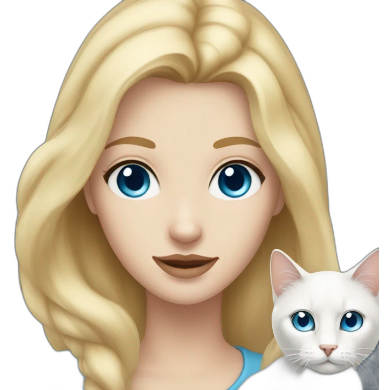 White woman with long blonde hair, blue eyes, white cat with brown eye, blue eye emoji