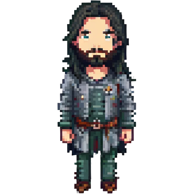 a man with dark long hair and a beard, pixel art style emoji