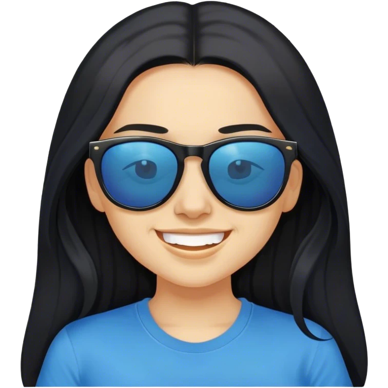 A face of girl with black long hair, wearing sunglasses and a blue t-shirt.She's grinning. emoji