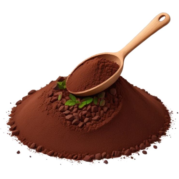 heap of cocoa powder, deep brown, finely ground, velvety, natural edges, tiny wooden spoon partially dipped, clean, 3D, soft shadows, subtle lighting, realistic but stylized, no packaging, no text, no extra elements, transparent background, emoji scale emoji