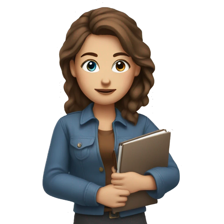 Women with blue eyes and brown hair with a pen and a notebook in her hands emoji
