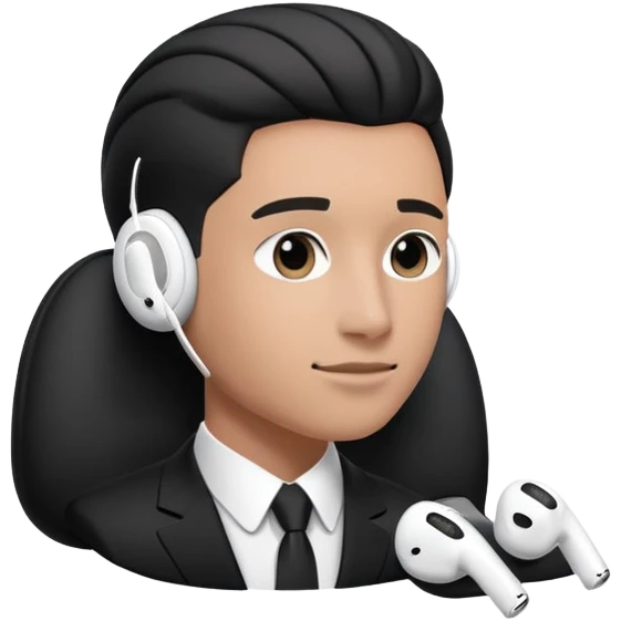 Character in a business black suit and AirPods Max headphones emoji