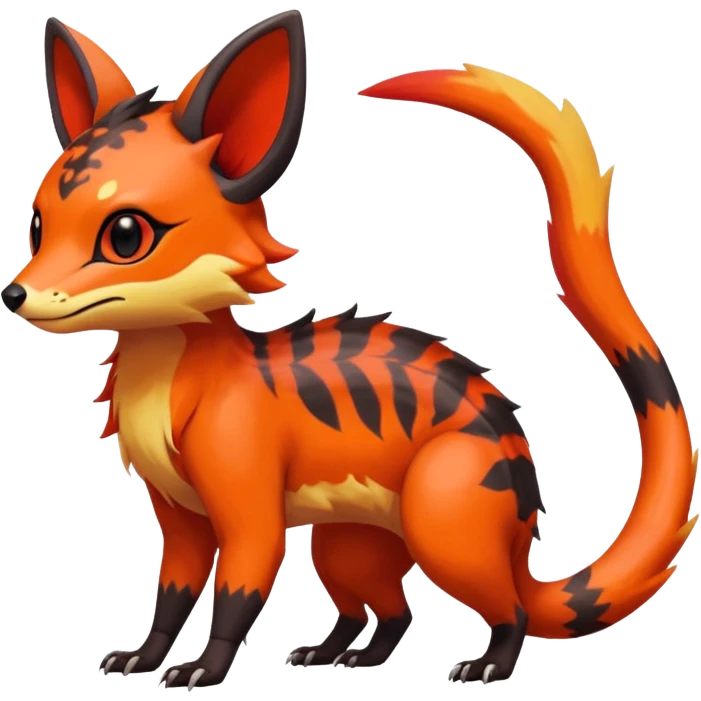 Rare tropical warm-colored exotic cute epic aesthetic colorful Salandit-Eevee-Civet-species-Fakemon-hybrid-creature, with wild fiery markings, full body emoji