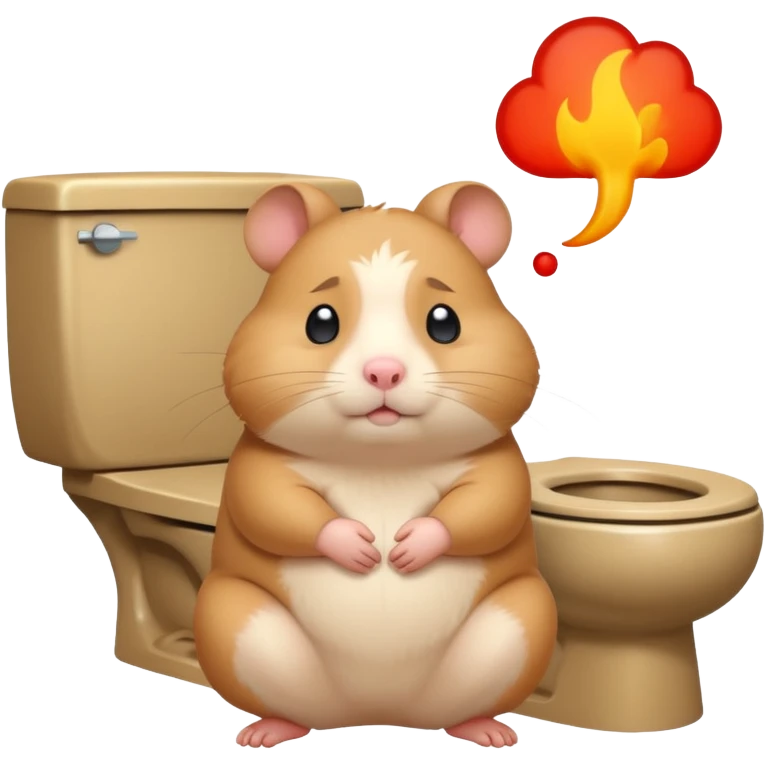 Cute chubby cartoon-style hamster sitting on toilet pooping looking guilty with thought bubble thinking about chilli  emoji
