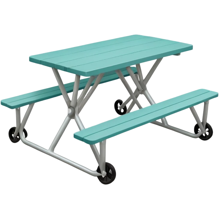 rectangular picnic table with benches, soft teal color, straight vertical legs, wheels underneath, flat wood-style silhouette, clean geometry, minimal shading, theatrical prop emoji
