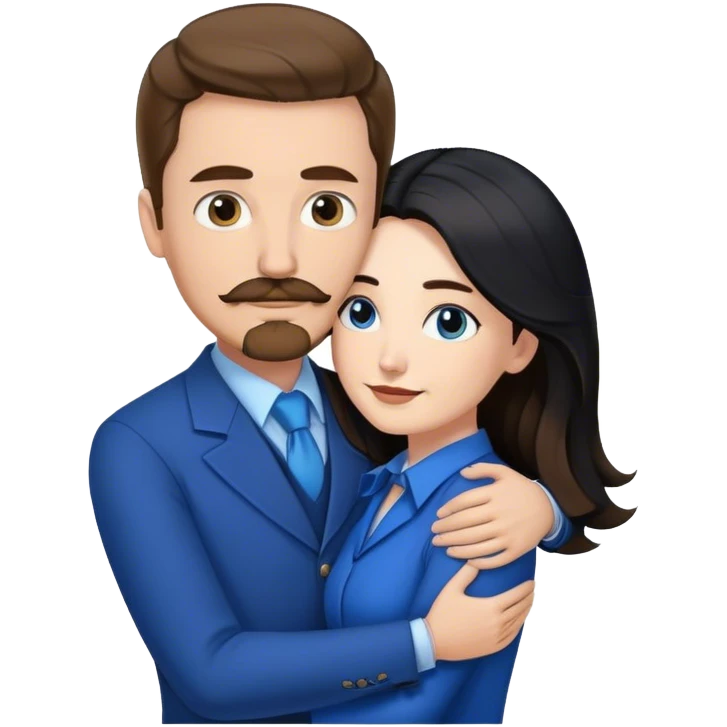 tall white man with brown hair goatee mustache hugging a pale woman with long black hair, wearing blue formal clothing emoji