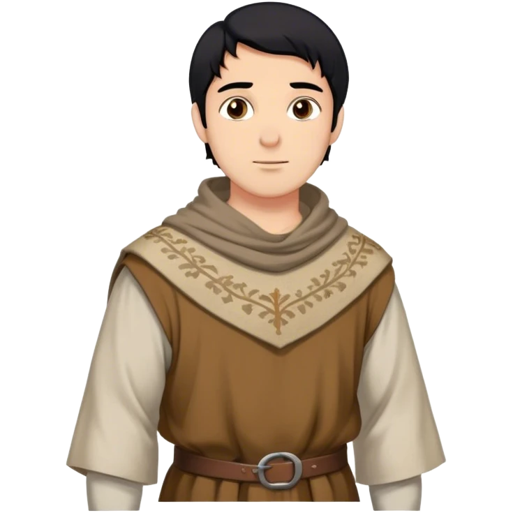 medieval outfit worn by a DnD themed fantasy character. basic homespun tunic with a thick wool shawl. clothes only above the waist. The clothes full waist. The character's haven't arms. character is black hair brown eyes short hair medium-skinned man. emoji