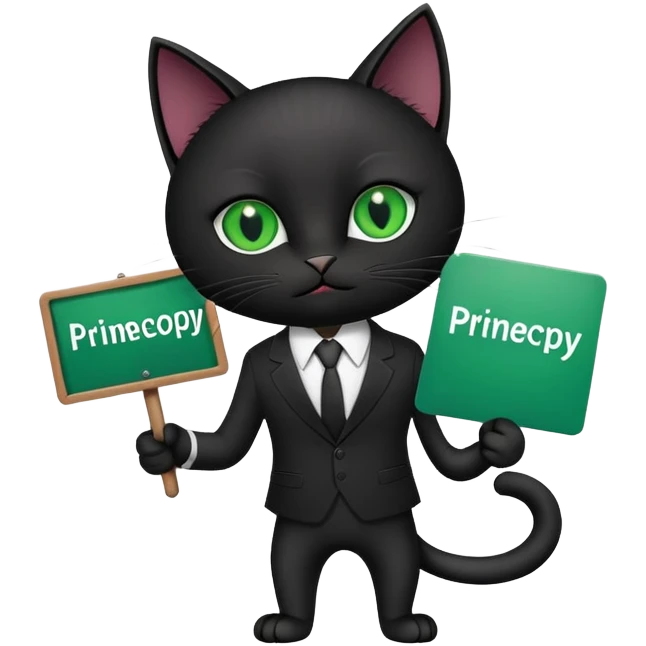 A black cat in a black business suit holds a sign that says "PrimeCopy" emoji