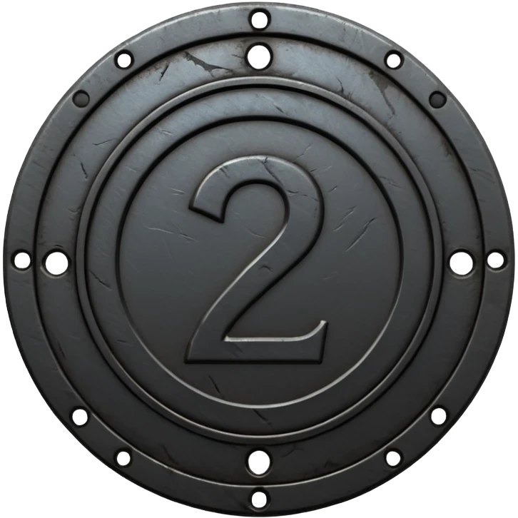 Minimal emoji, gothic metal coin made of black steel, engraved number 2 at the center, ancient industrial aesthetic, worn metal texture, no glow, no neon, flat emoji design, centered, transparent background emoji