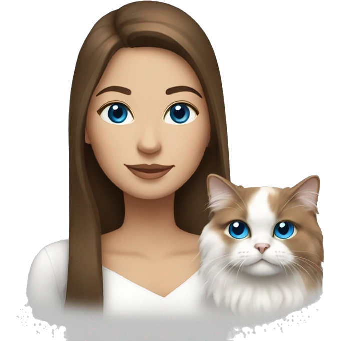 woman with long brown hair and holding an all-white persian cat with blue eyes emoji