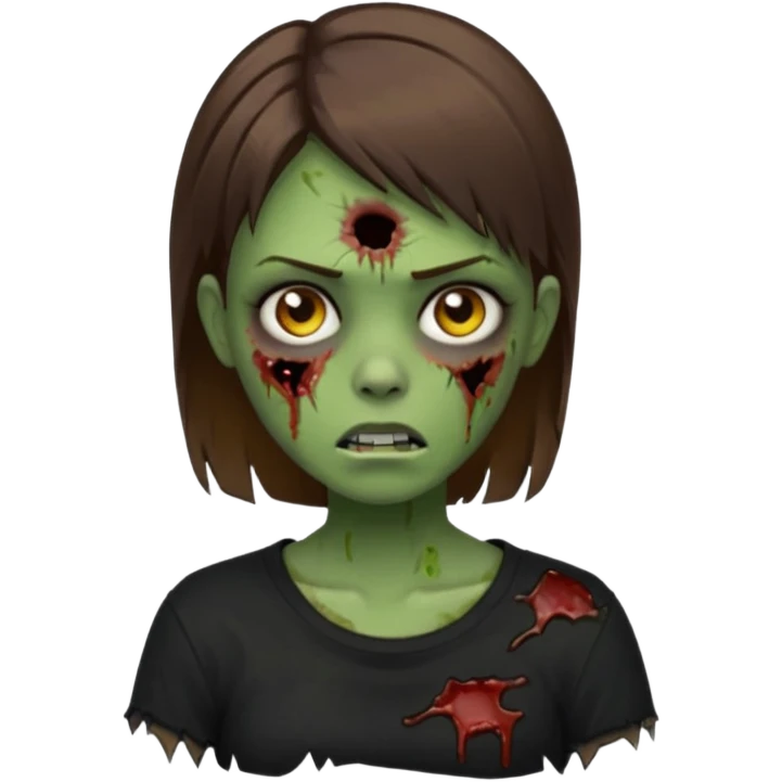 Zombie girl emoji verde com cabelo curto liso castanho no ombro com uma blusa preta emoji