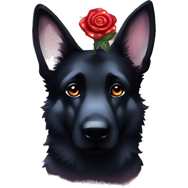 Bokeh Midnight constellation night stars Brindled striped brindle black German shepherd fox carrying glowing red lantern, fairy lights, rose flower crown, bokeh lights, out of focus blur emoji