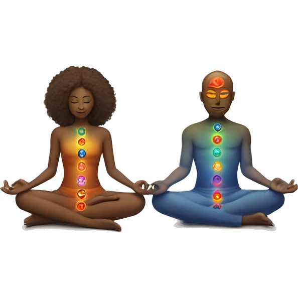 White skin Man and woman lovers with 7 chakra symbols meditating emoji