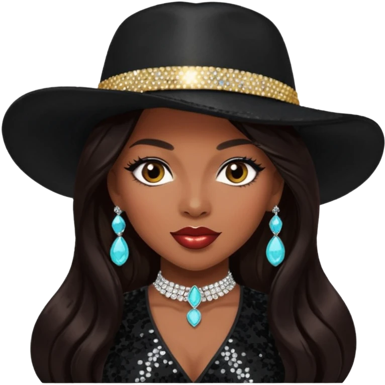 Tiffany "New York" Pollard with long dark brown hair, black sequin outfit, black hat emoji