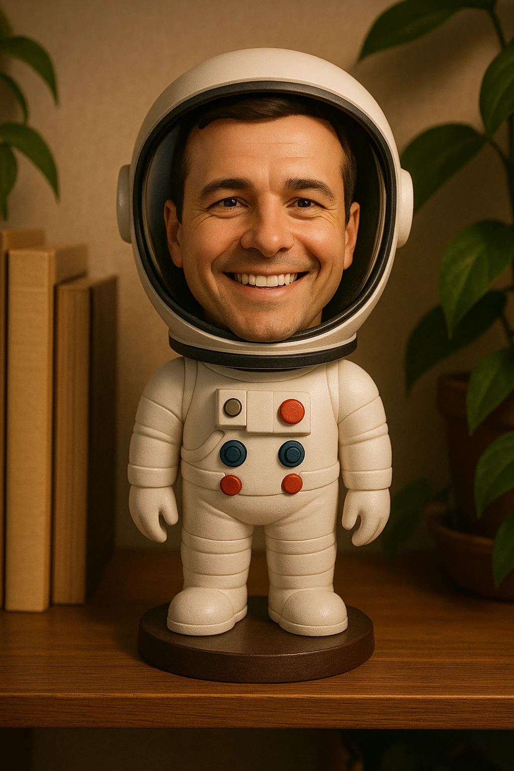 a smiling astronaut bobblehead with a large helmet emoji