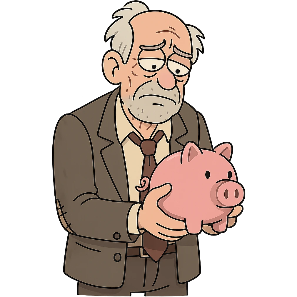 ex billionaire, wearing old suit, holding a piggy bank, cartoon style emoji