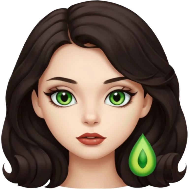 girl with dark brown long hair, hair is just a little bit curly like a hair styling, she has a green cat eyes, a little bit smoky makeup, babyface and lips are a little bit big emoji