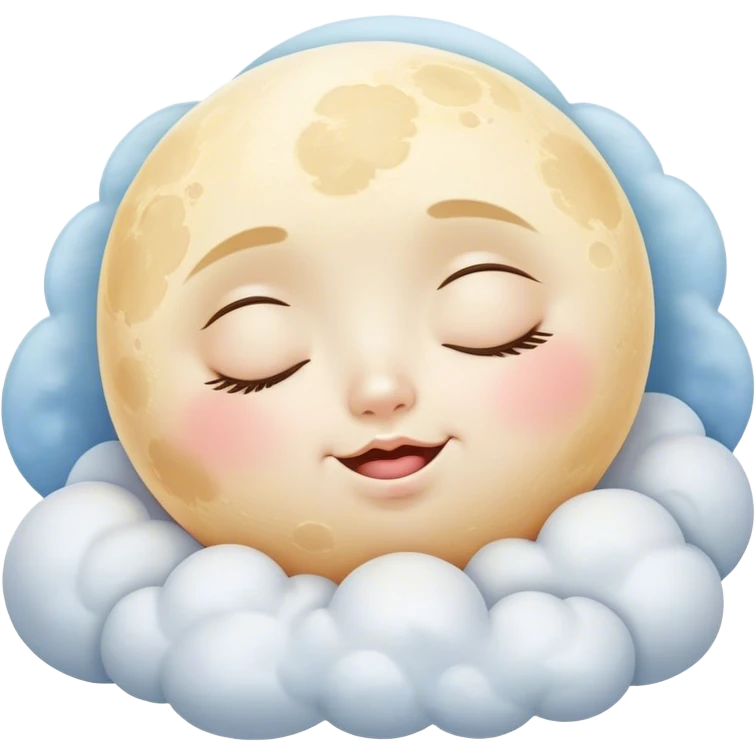 Cinematic adorable moon with a sleepy face, round and chubby, soft glowing light, tiny rosy cheeks, resting on a bed of fluffy clouds, dreamy and peaceful. emoji