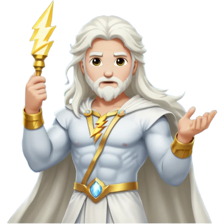 Zeus, whole body, white clothes, long white  hair, lightnings emoji