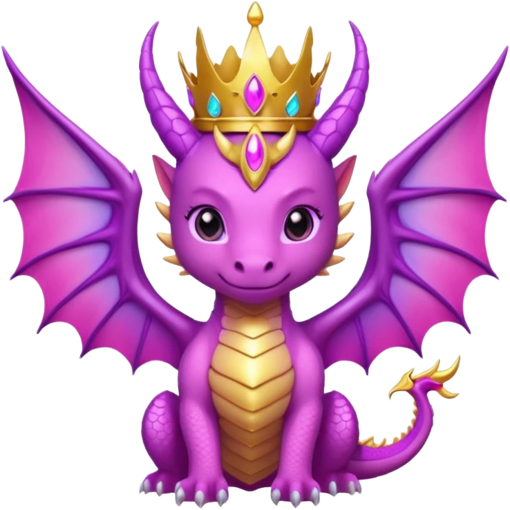 cute pink dragon queen with golden crown, big wings, glowing purple and pink aura, sparkling eyes, epic kawaii fantasy style, bold outline, high contrast, transparent background, twitch badge emoji
