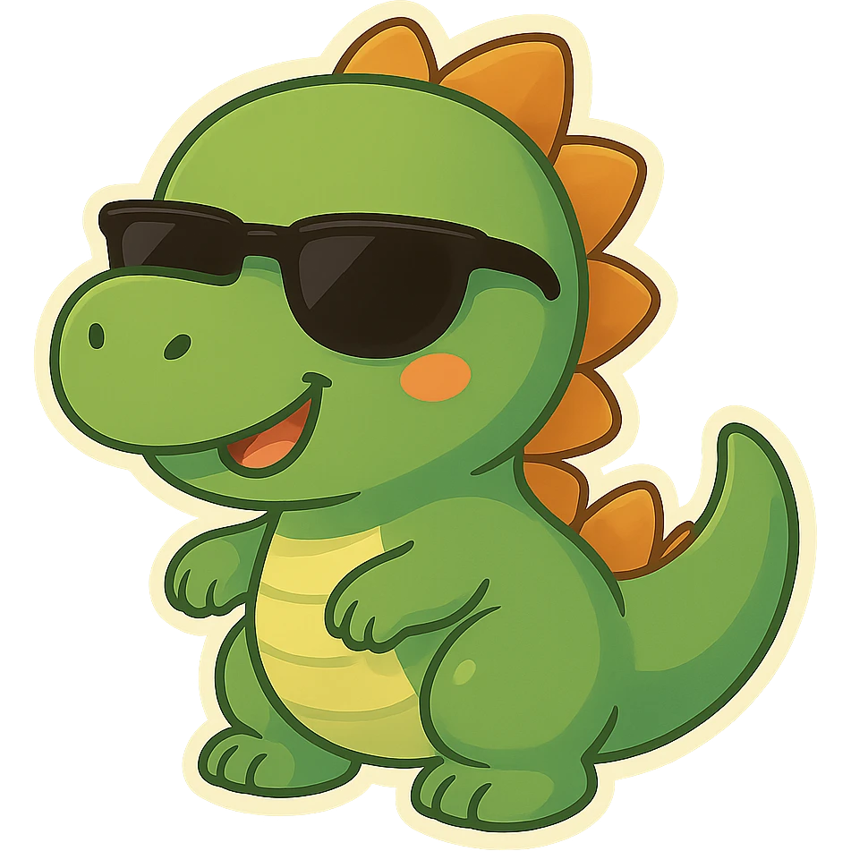 Add cool black sunglasses to the funny dinosaur in cartoon chibi sticker style, keep the background transparent. emoji
