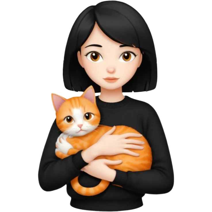 A beautiful girl with short black hair in a black sweater holds a orange cat in her arms emoji