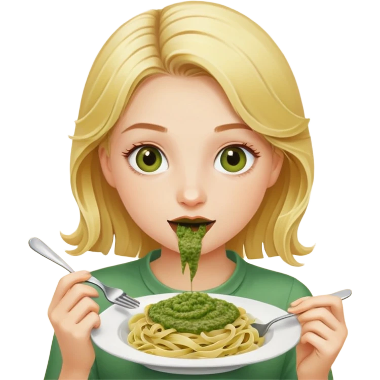 A blond girl with hazel eyes eating pasta pesto (she is very pretty) emoji