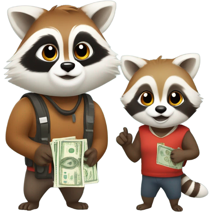 1 male raccoon and 1 female red panda each holding a bag of cash emoji