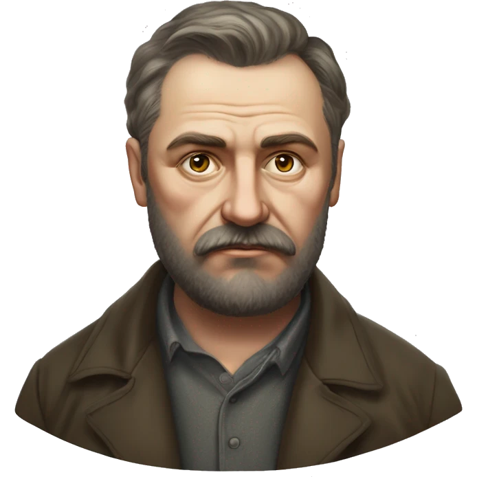 Russian writer Alexander Kuprin Photorealism A plump serious man of Slavic appearance with Small eyes with beard and mustache, with a  short haircut, big detailed face, wrinkled face emoji