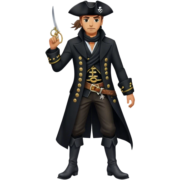 A confident pirate captain in a tailored black coat with silver embroidery, black boots, and a windswept black scarf. emoji