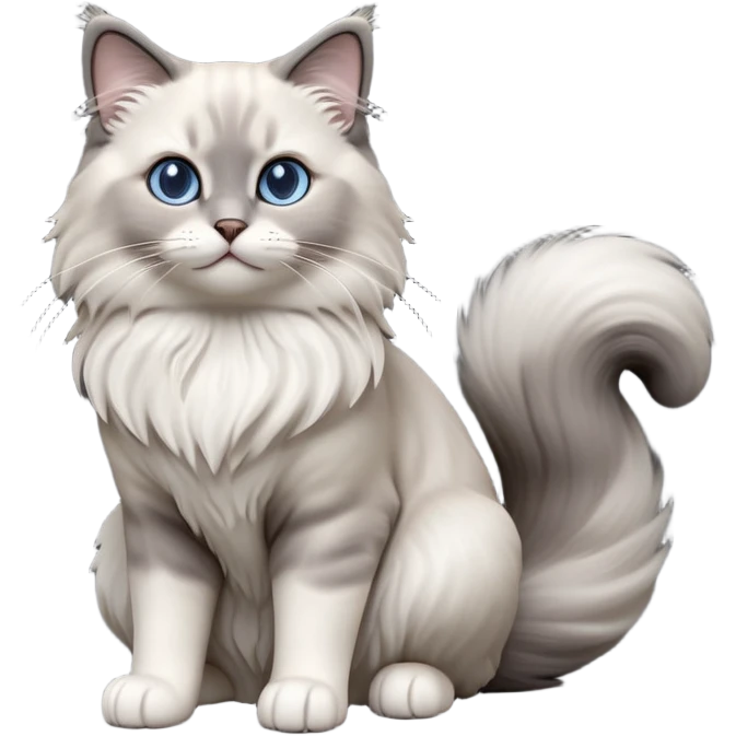 cinematic-[Ragdoll cat]-realistic-full-body-sitting-emoji,-tail-curled-playfully-around-its-paws,-head-tilted-dramatically,-fluffy-[grey ragdoll cat]-fur,-simplified-yet-realistic-focused-features,-highly-detailed,-glowing-with-an-almost-sarcastic-glow emoji