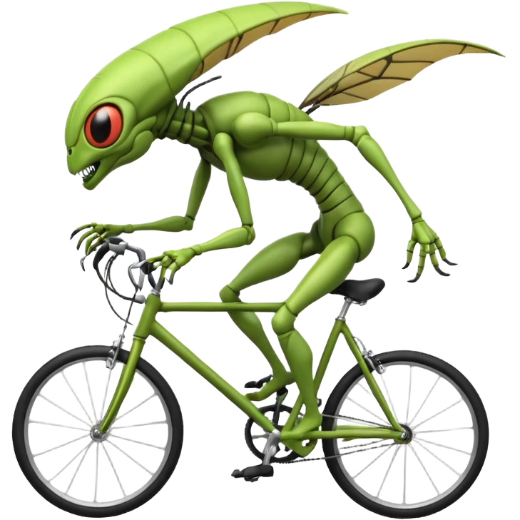insectoid alien riding a bicycle, bug-like eyes, segmented limbs, strange but fun cycling pose, sci-fi creature vibe, 3D cartoon, mobile game icon style, clean background, no text, no watermark
 emoji
