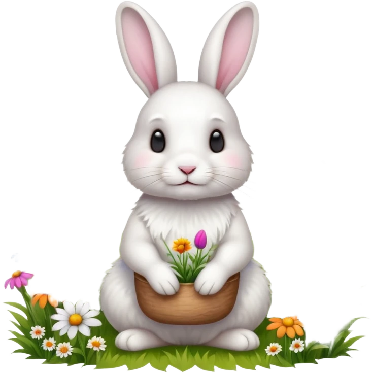 A fluffy white rabbit sitting in a meadow full of colorful flowers, ultra-realistic, high detail, soft morning light emoji