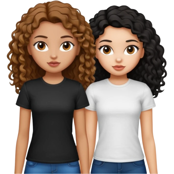 2 pretty bratz fair girls. One has straight brown hair and is tan, wearing a white tshirt. One is fair with curly black hair, wearing a black tshirt  emoji