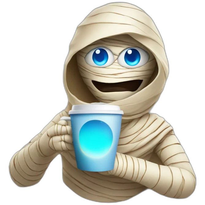a mummy with blue eyes that are glowing holding coffee emoji