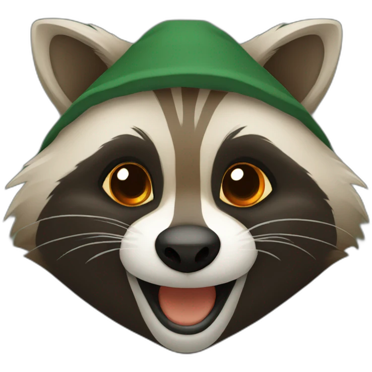 brown raccoon with orange eyes and a dark green hood that is laughing emoji