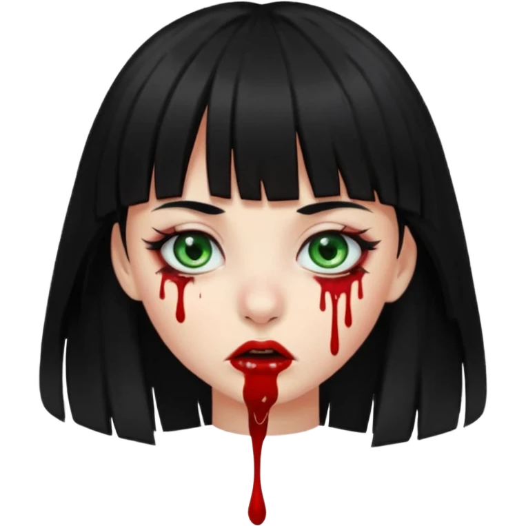 Guria com cabelo preto franjinha sangrando olhos verdes  fundo preto e um piercing bridgepiercing emoji