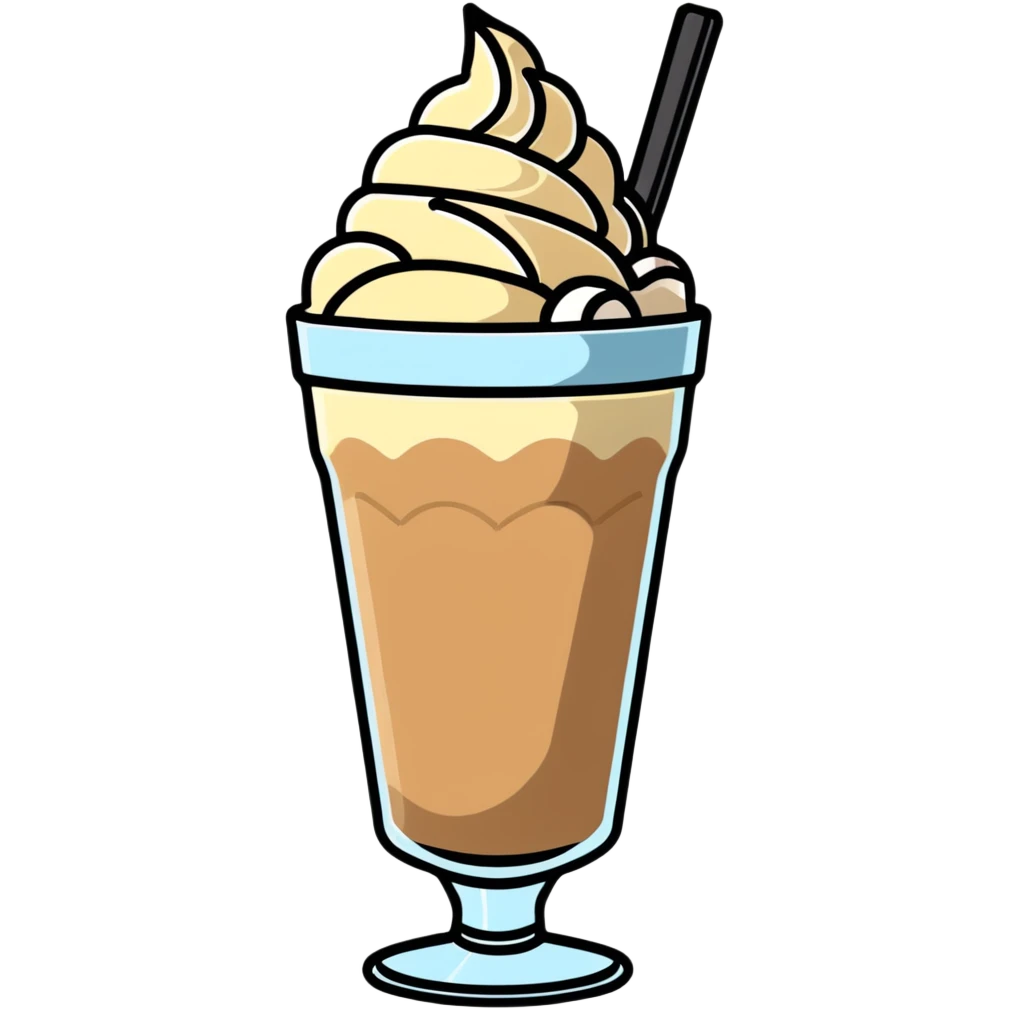 Cold coffee milkshake in a tall glass with ice cream on top emoji