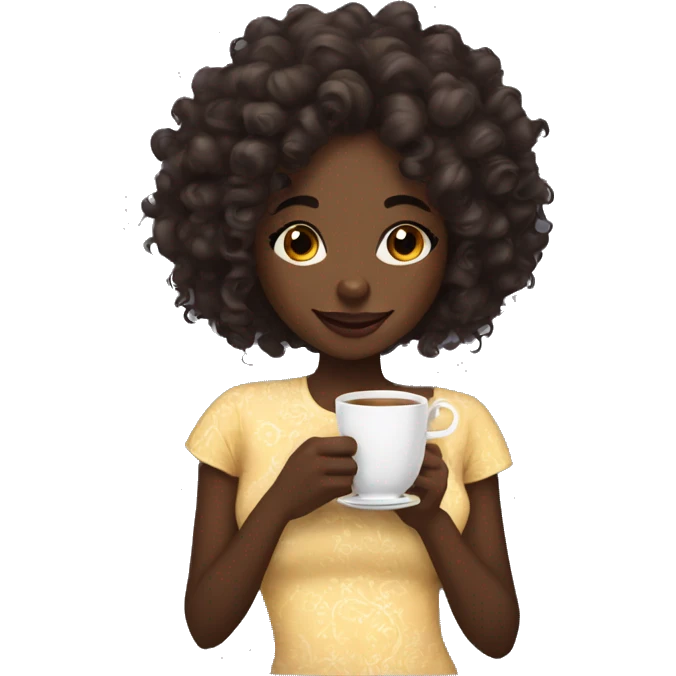 Coquette dark skinned girl with curly hair drinking tea emoji
