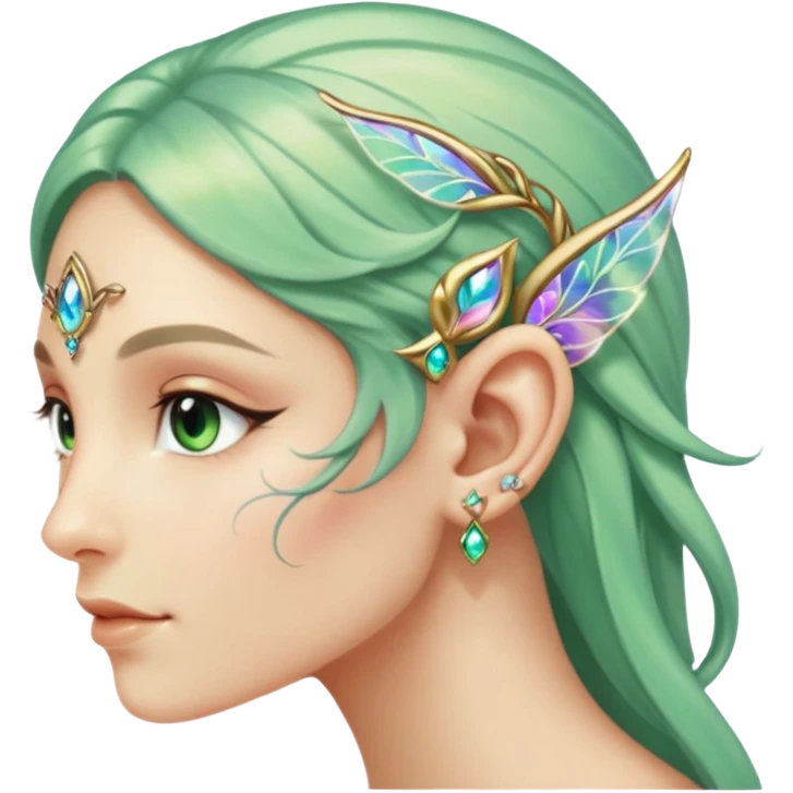 portrait of Elvish fae shiny sparkly iridescent translucent diaphanous ear climber ear cuff emoji