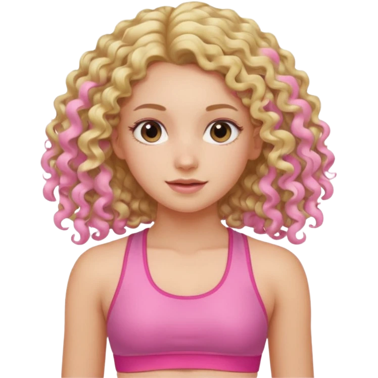 long hair curly blond haired girl DOING EXERCISE in a cute pink set emoji