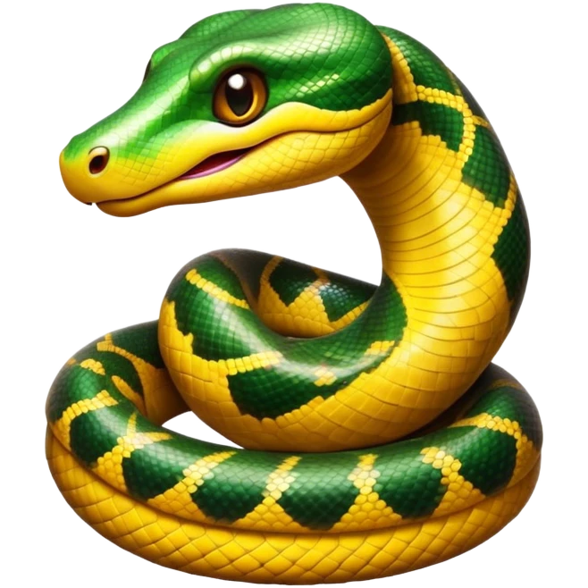Cinematic Cute Anaconda Portrait Emoji, Head tilted playfully and inquisitively, with a sleek, shimmering body adorned with detailed scale patterns and round, sparkling eyes full of wonder, Simplified yet irresistibly adorable features, highly detailed, glowing with a warm, friendly jungle glow, high shine, affectionate and lively, stylized with a touch of whimsical reptilian charm, soft glowing outline, capturing the essence of a mischievous serpent that feels like it could slither out of the screen into your arms! emoji