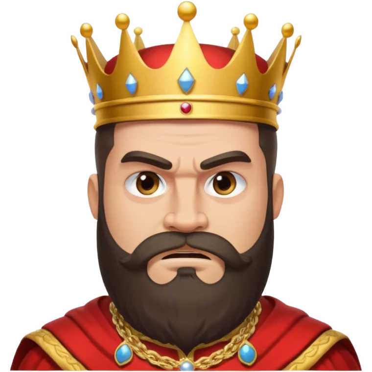 vull un perosnatge estil bimoji que sigui alt i fort amb una musculatura marcada i poderosa. Té una barba espessa i el cabell arriba fins a l'alçada del coll. Se'l representa amb la indumentària real i una corona al cap. Que tingui cara d'enfadat. emoji