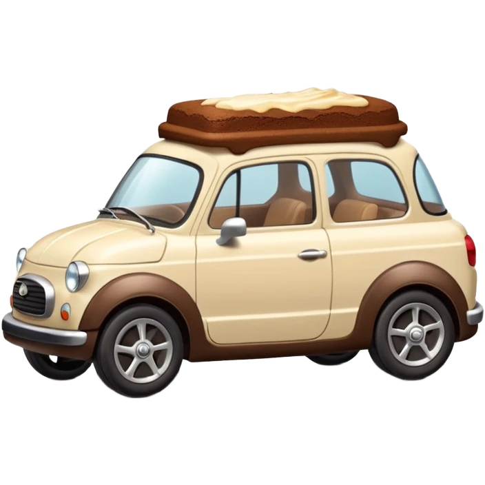 side profile of a tiny tiramisu car, ladyfinger wheels, creamy mascarpone body, cocoa powder details emoji
