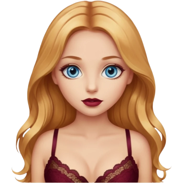 A beautiful blue-eyed girl with long golden-copper blonde hair, full lips, large eyes, wearing a burgundy lace bra emoji