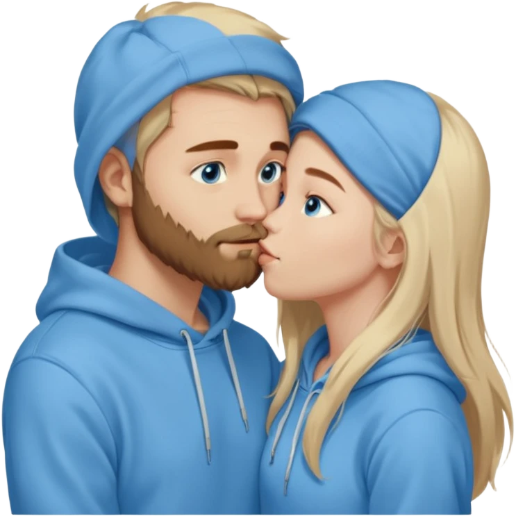 Long-pale-blonde hair, beautiful girl with blue eyes-wearing a light blue hoodie, facing, kissing brownish hair and beard boy blue eyed white guy emoji