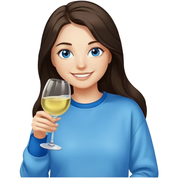 Dark brown long hair fair woman blue eyes drinking white wine in sweatshirt smiling emoji